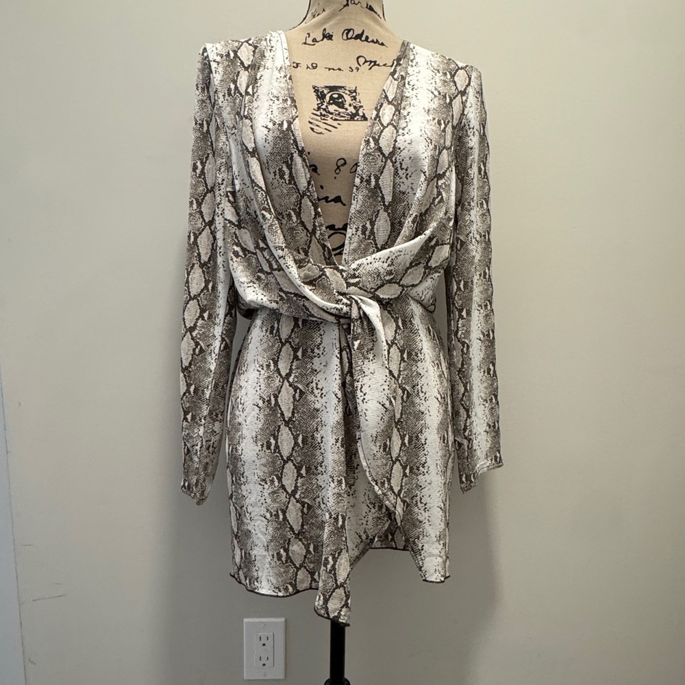 Snake Print Satin Wrap Romper in Beige and Gray